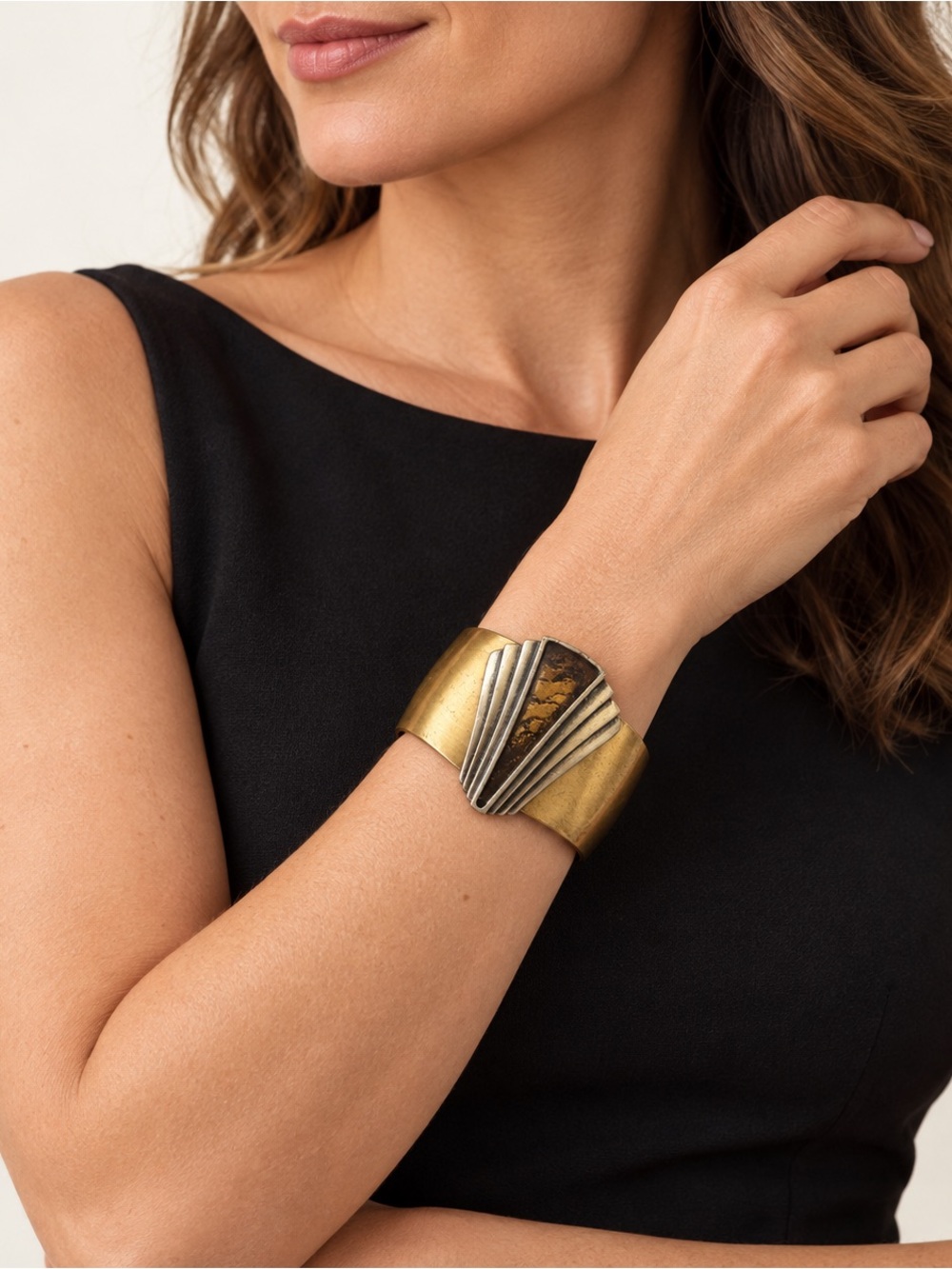 Vintage Art Deco Revival Two-Tone Statement Cuff Bracelet Gold Silver Tone